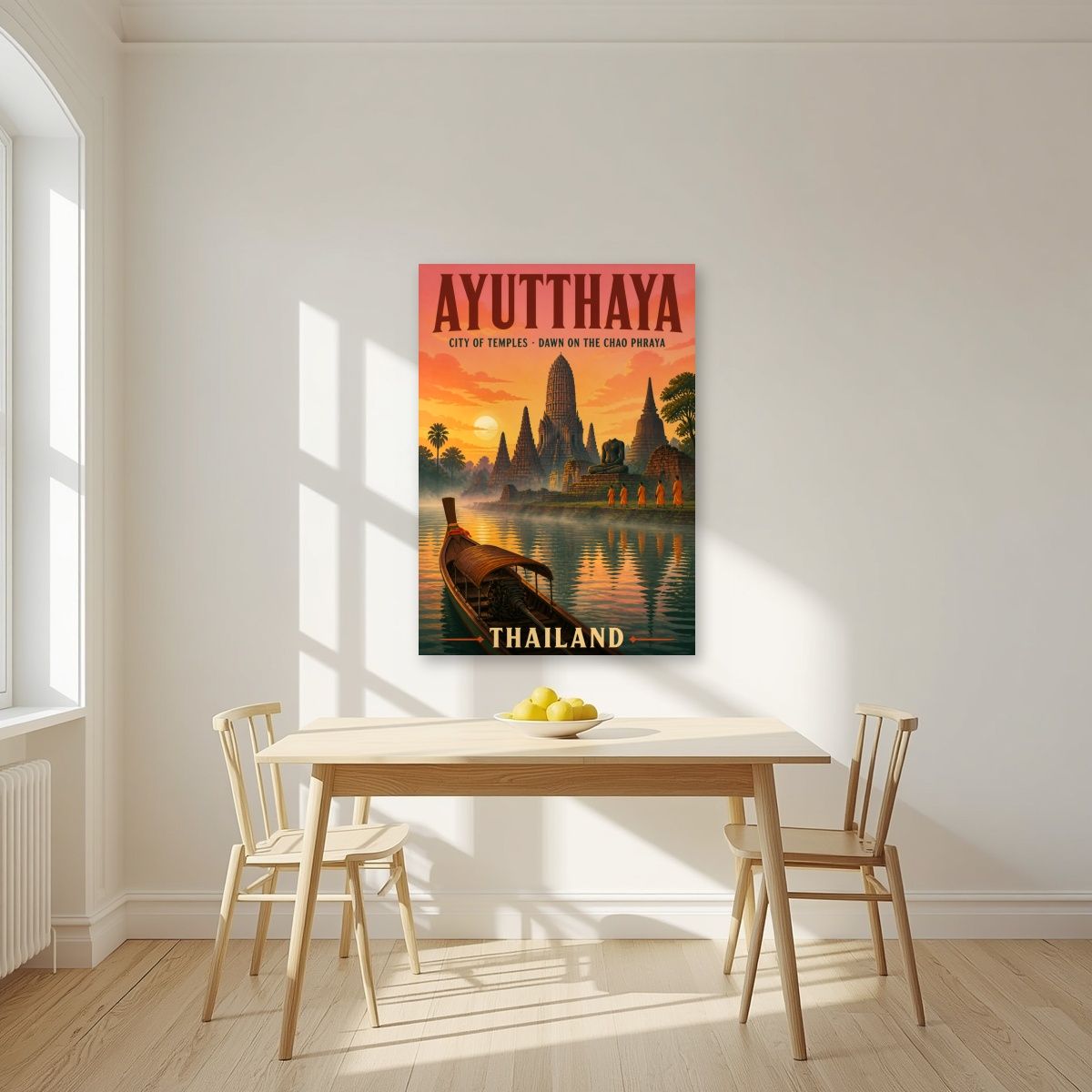 Rung Arun — Ayutthaya art print, unframed poster, styled in a kitchen