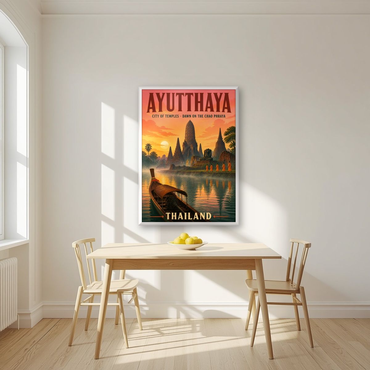 Rung Arun — Ayutthaya art print, in a white frame, styled in a kitchen
