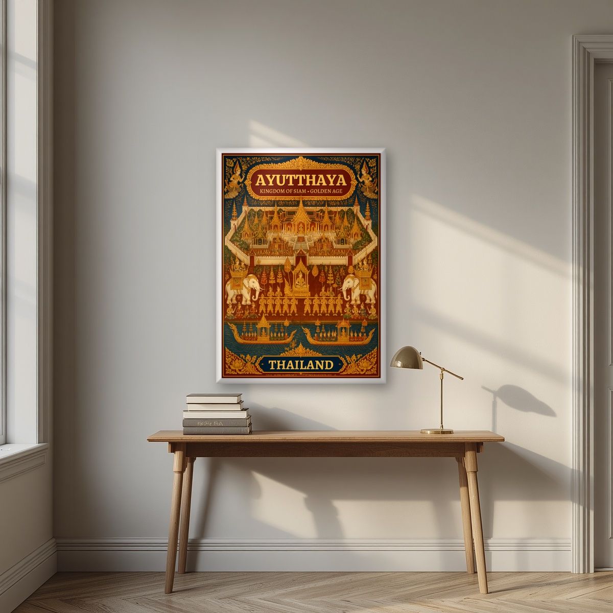 Siamese Golden Age — Ayutthaya art print, in a white frame, styled in a desk