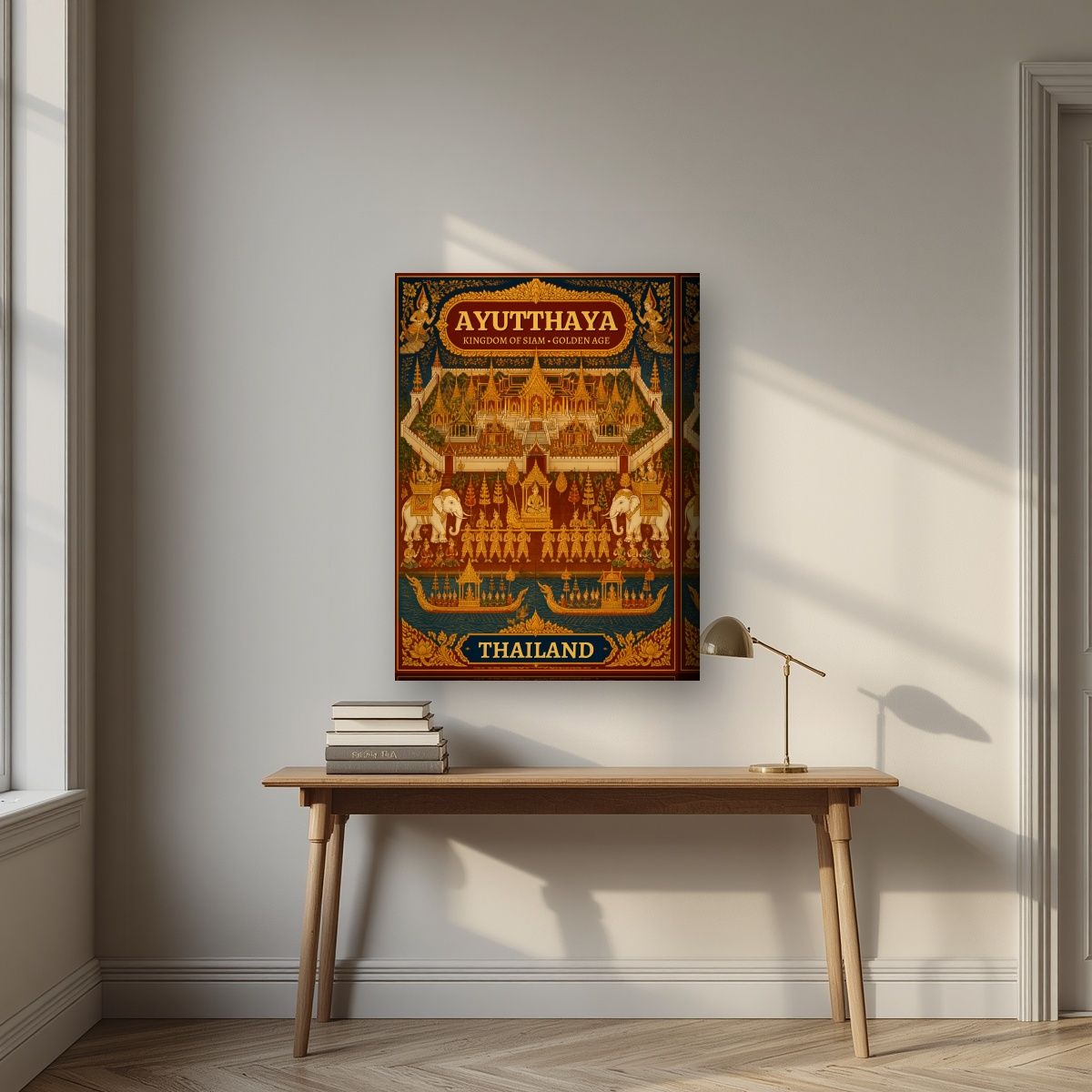 Siamese Golden Age — Ayutthaya art print, on thick canvas, styled in a desk