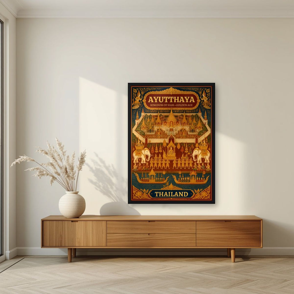 Siamese Golden Age — Ayutthaya art print, in a black frame, styled in a living room