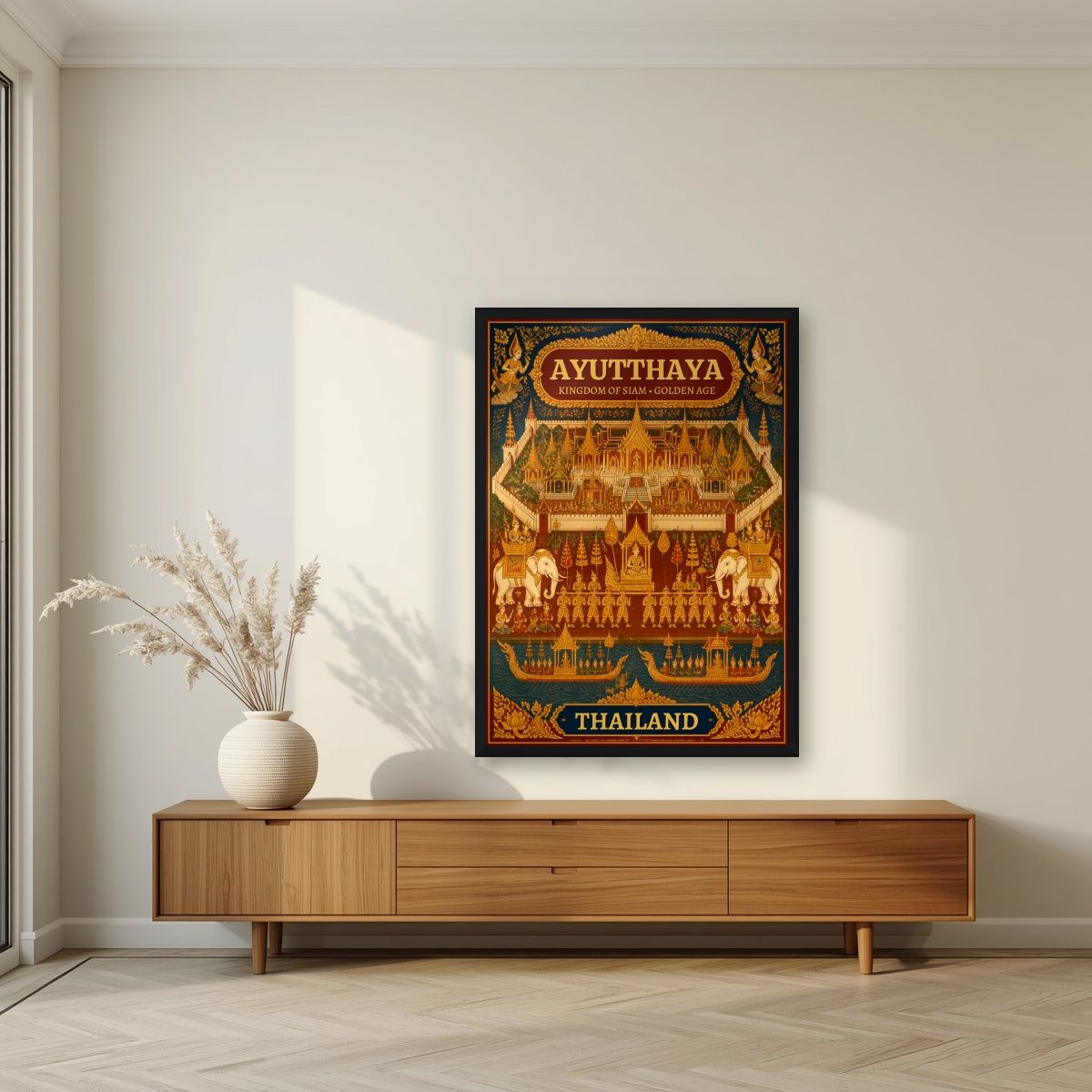 Siamese Golden Age — Ayutthaya art print, in a black frame, styled in a living room
