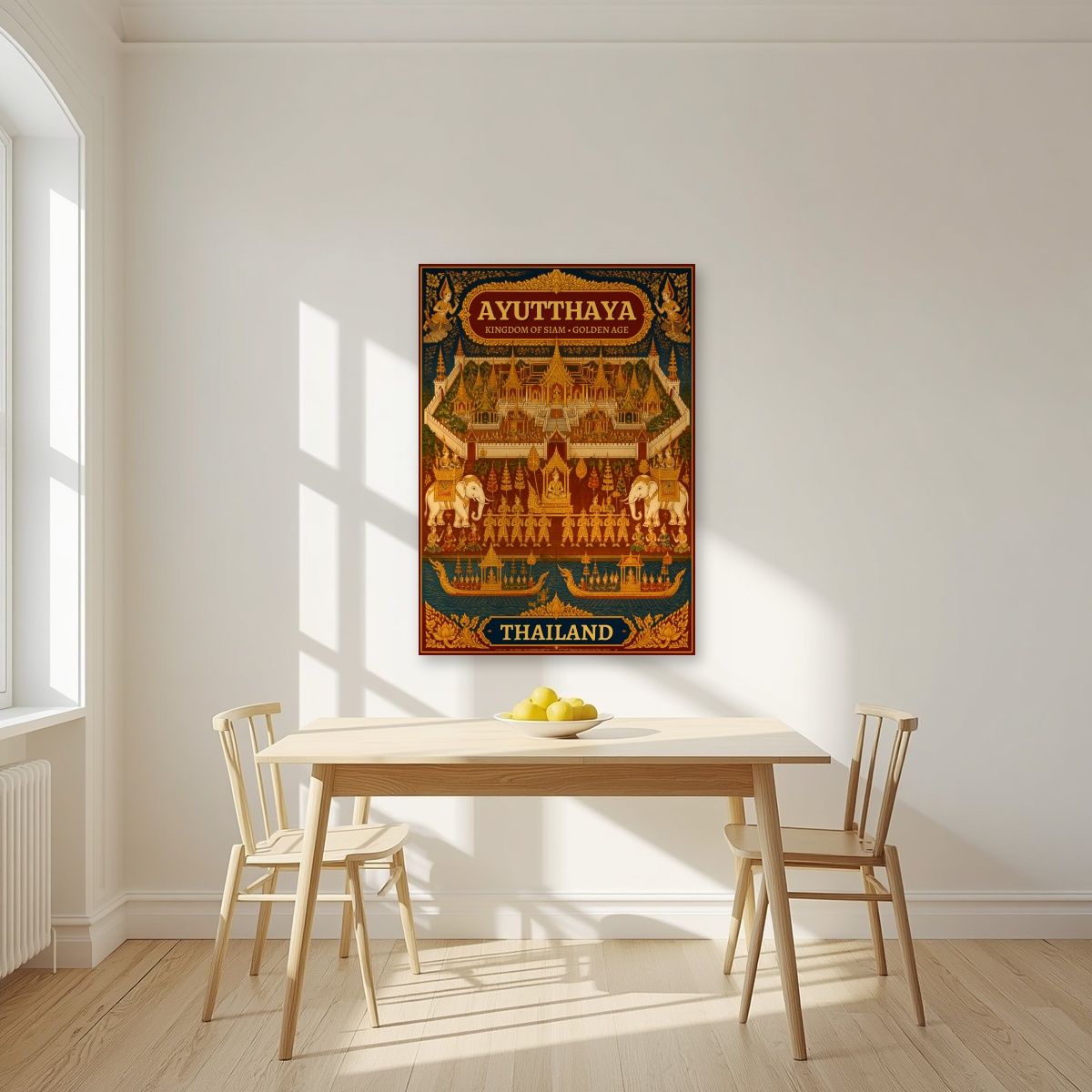 Siamese Golden Age — Ayutthaya art print, unframed poster, styled in a kitchen