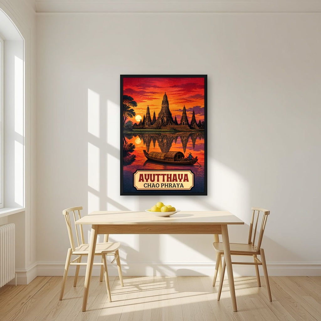 Wat Chaiwatthanaram — Ayutthaya art print, in a black frame, styled in a kitchen