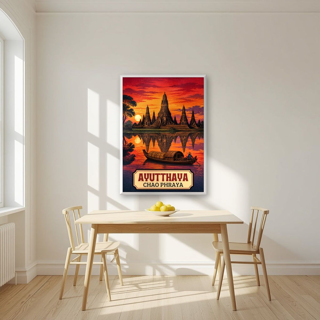 Wat Chaiwatthanaram — Ayutthaya art print, in a white frame, styled in a kitchen