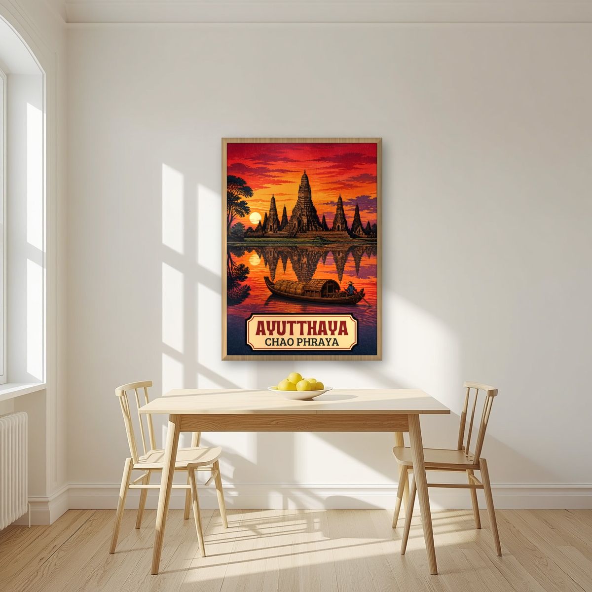 Wat Chaiwatthanaram — Ayutthaya art print, in an oak frame, styled in a kitchen