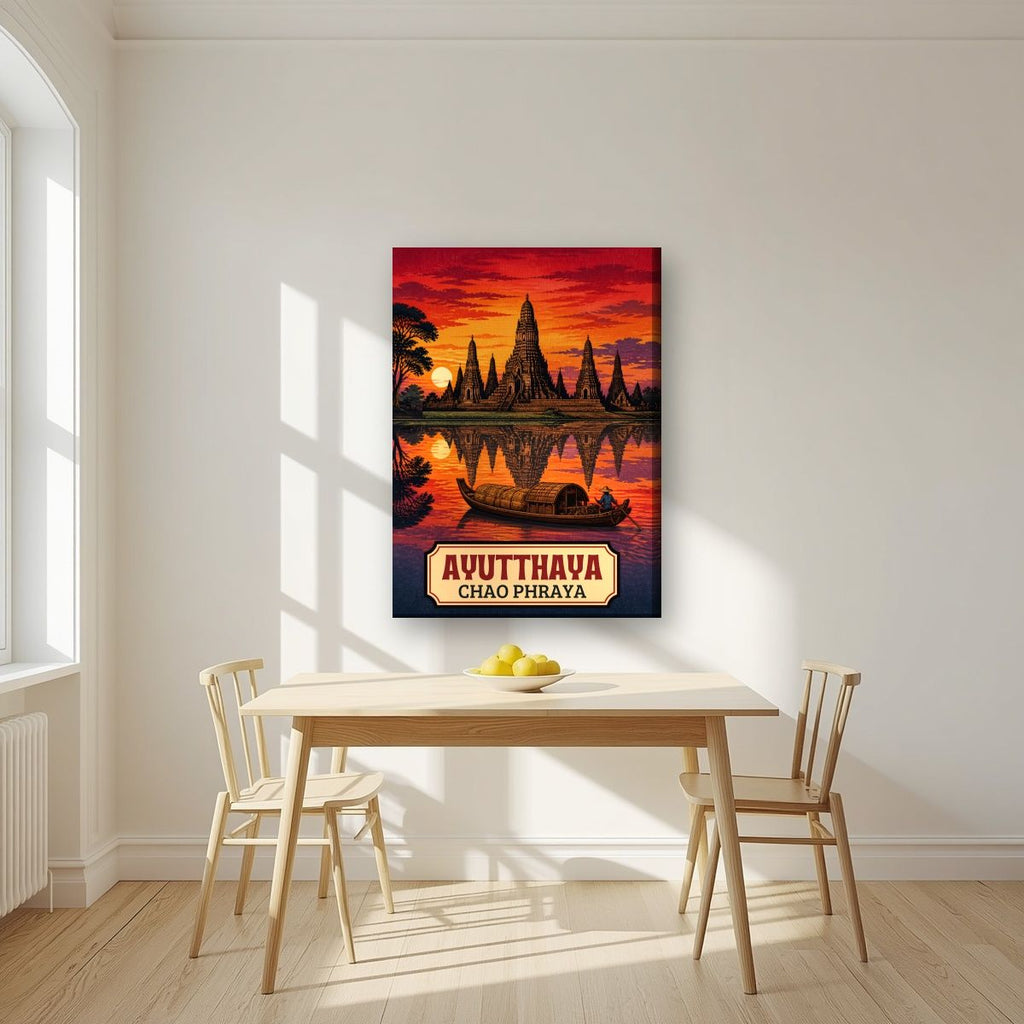Wat Chaiwatthanaram — Ayutthaya art print, on slim canvas, styled in a kitchen