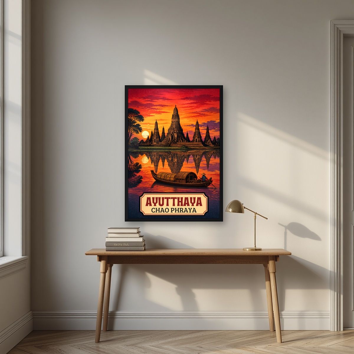 Wat Chaiwatthanaram — Ayutthaya art print, in a black frame, styled in a desk