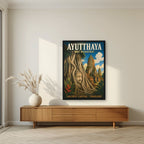 Wat Mahathat — Ayutthaya art print, in a black frame, styled in a living room
