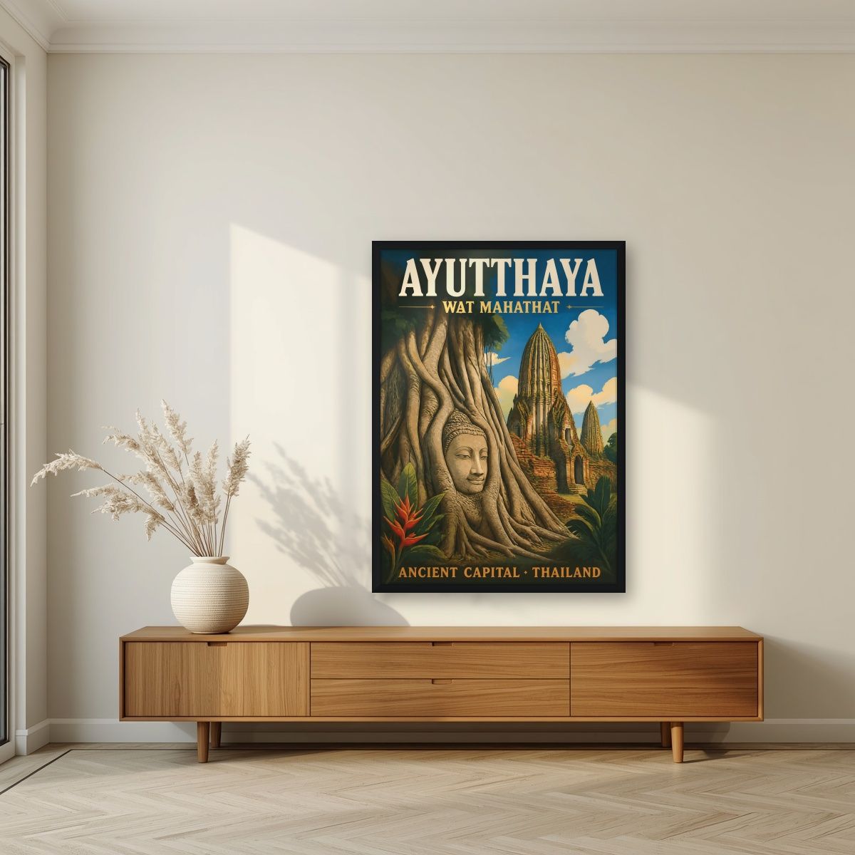 Wat Mahathat — Ayutthaya art print, in a black frame, styled in a living room