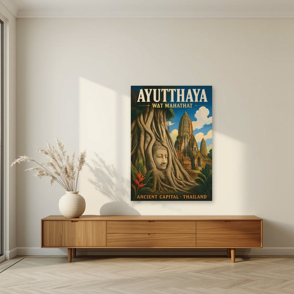 Wat Mahathat — Ayutthaya art print, unframed poster, styled in a living room