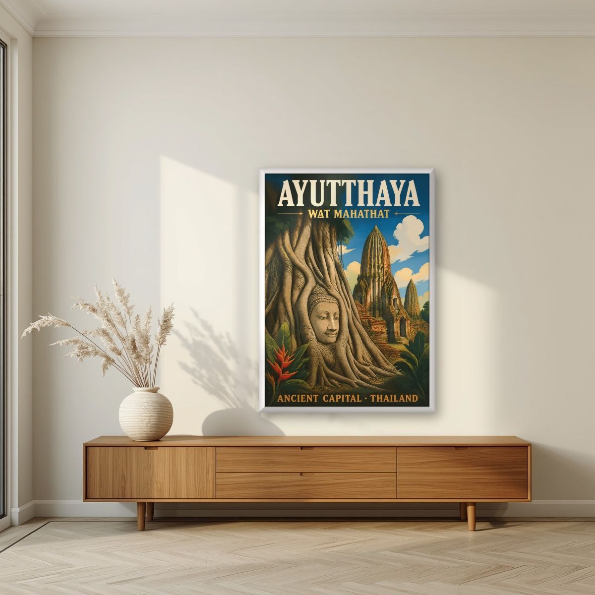 Wat Mahathat — Ayutthaya art print, in a white frame, styled in a living room
