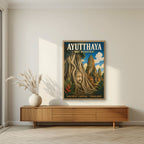 Wat Mahathat — Ayutthaya art print, in an oak frame, styled in a living room