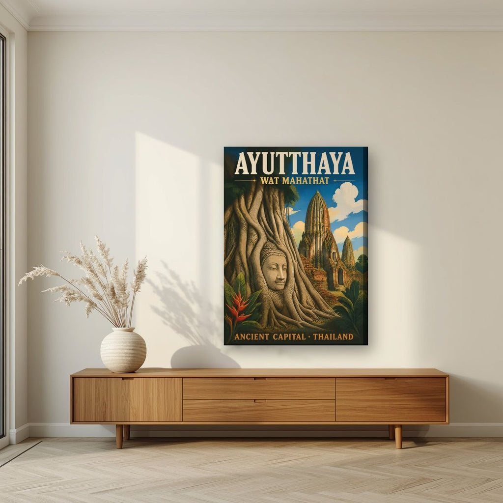 Wat Mahathat — Ayutthaya art print, on slim canvas, styled in a living room