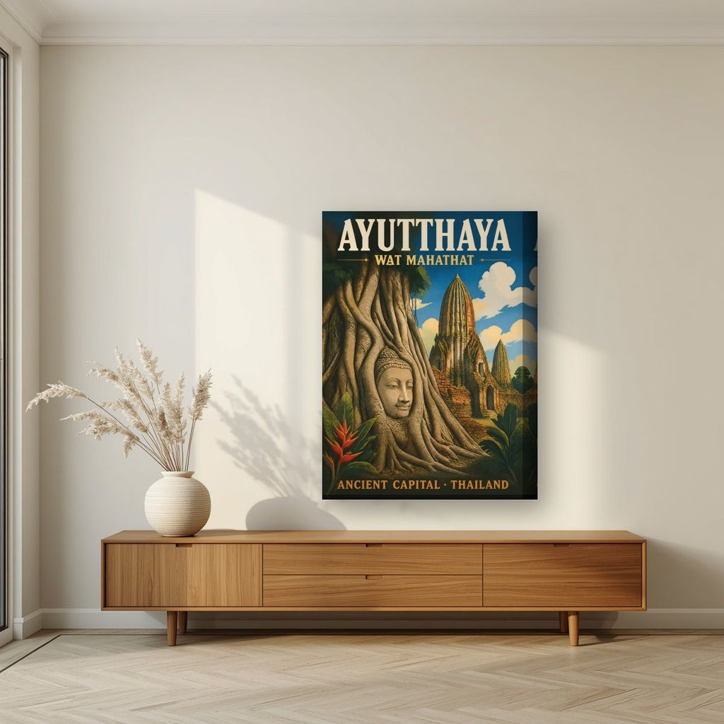 Wat Mahathat — Ayutthaya art print, on thick canvas, styled in a living room