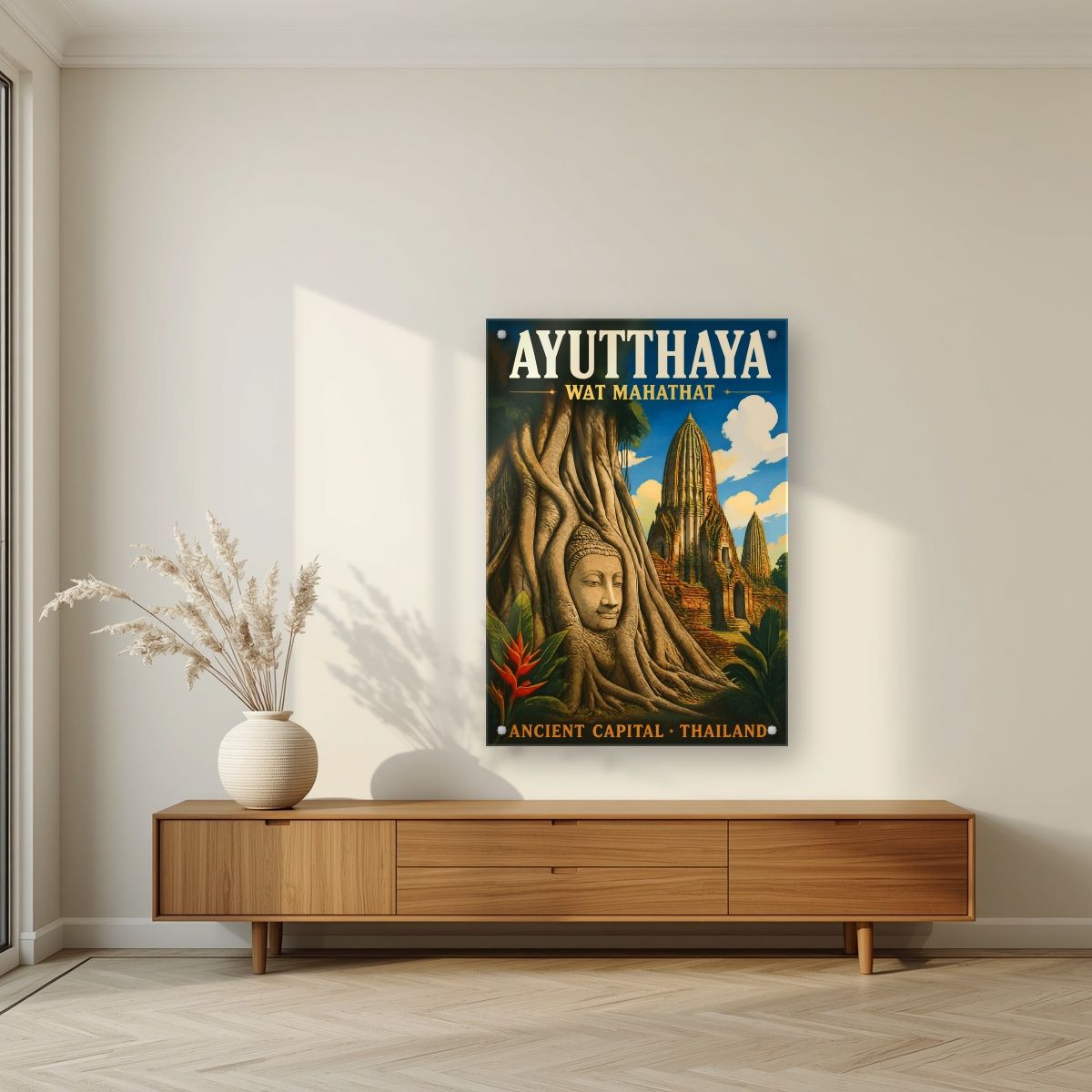 Wat Mahathat — Ayutthaya art print, as an acrylic print, styled in a living room
