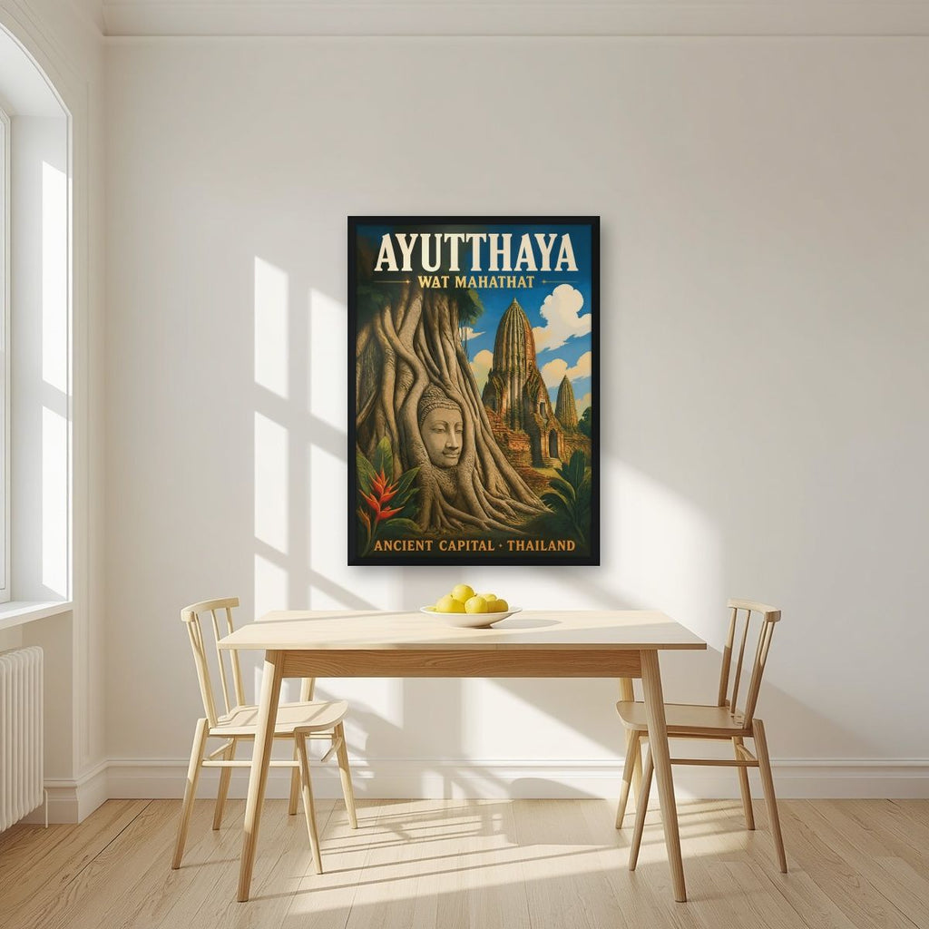 Wat Mahathat — Ayutthaya art print, in a black frame, styled in a kitchen