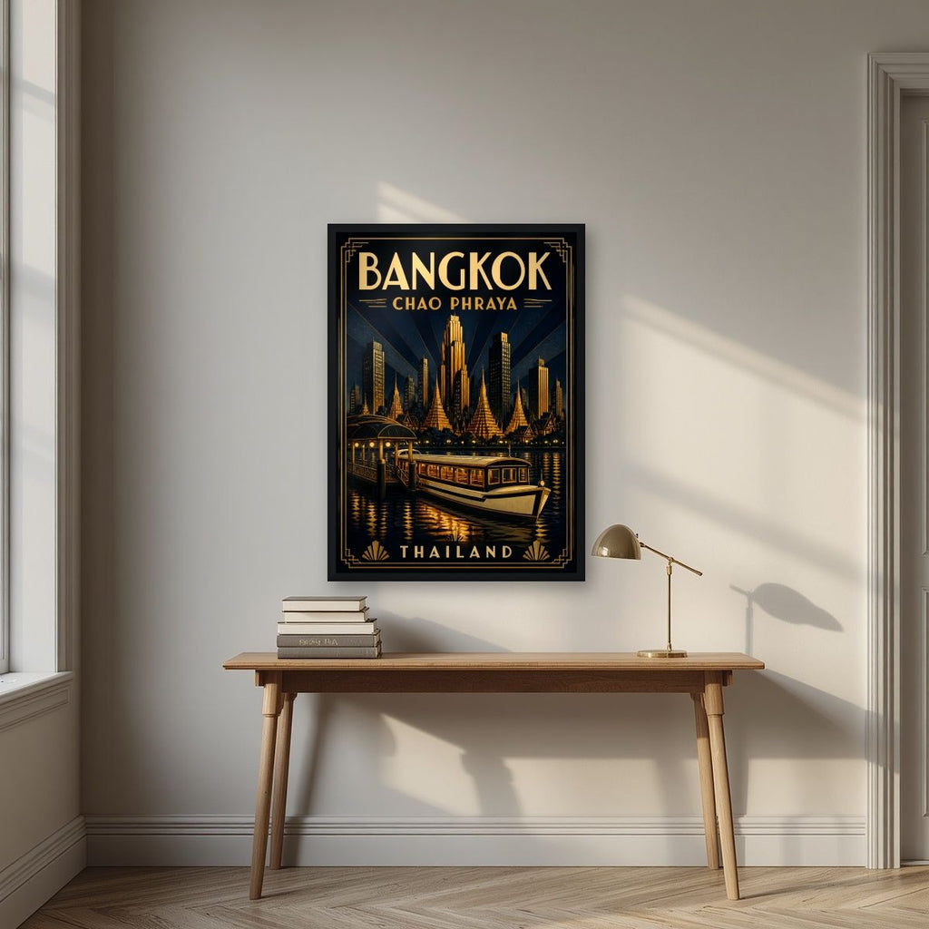Chao Phraya by Night — Bangkok art print, in a black frame, styled in a desk