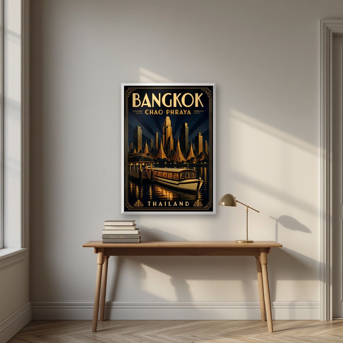 Chao Phraya by Night — Bangkok art print, in a white frame, styled in a desk
