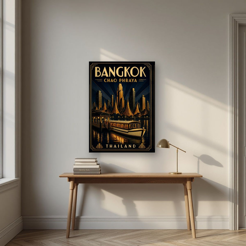 Chao Phraya by Night — Bangkok art print, on slim canvas, styled in a desk