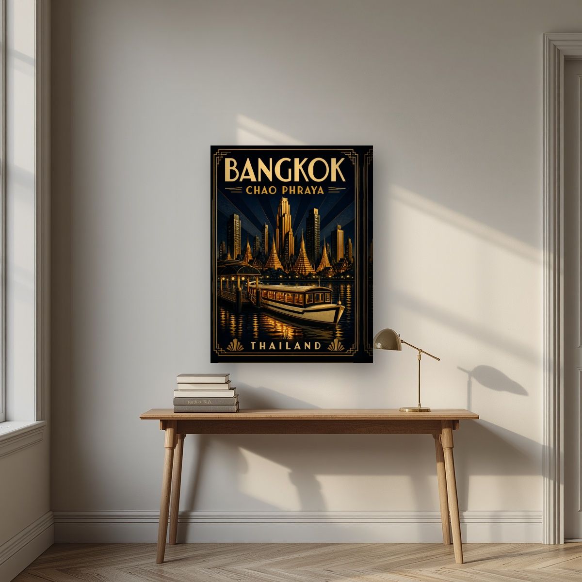 Chao Phraya by Night — Bangkok art print, on thick canvas, styled in a desk
