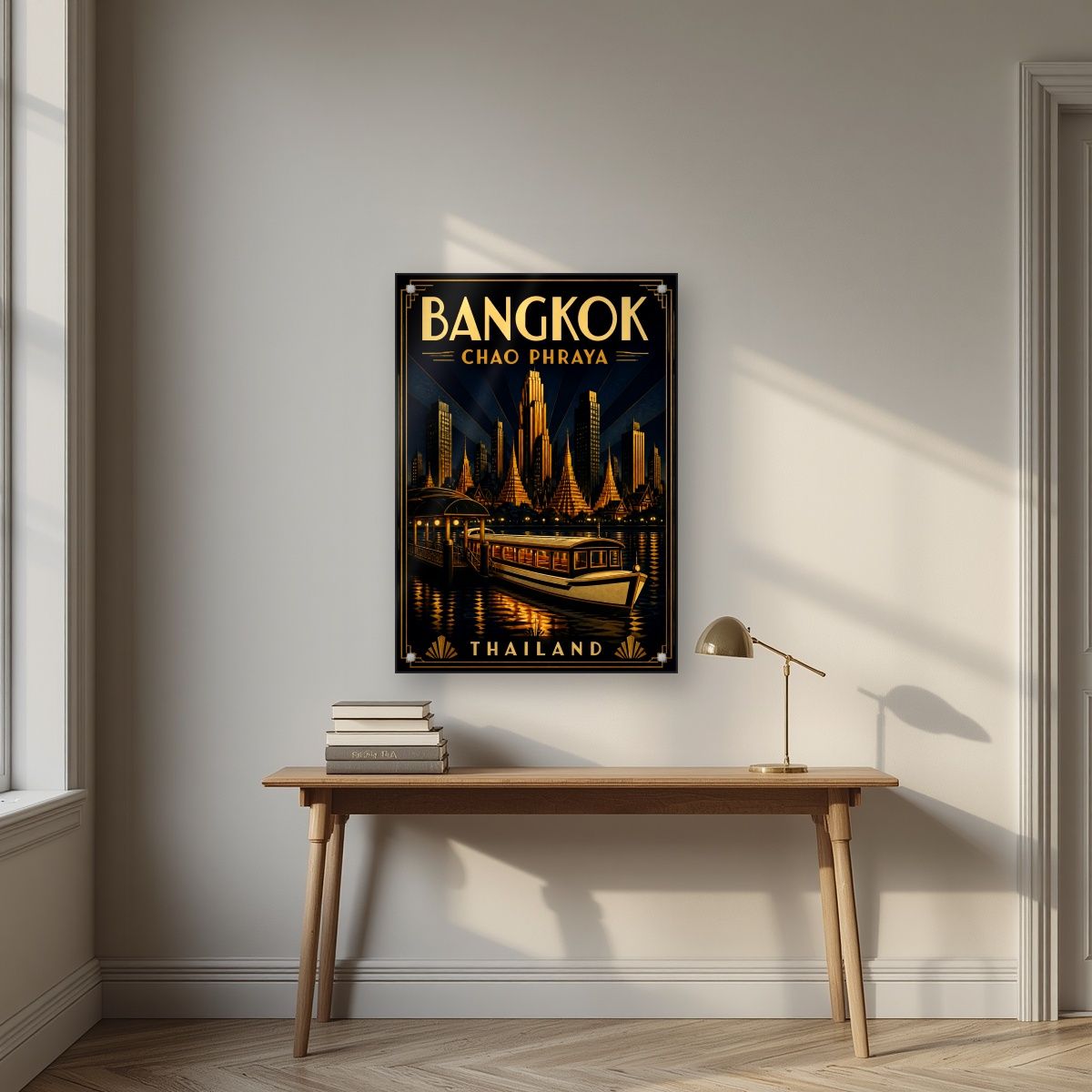 Chao Phraya by Night — Bangkok art print, as an acrylic print, styled in a desk