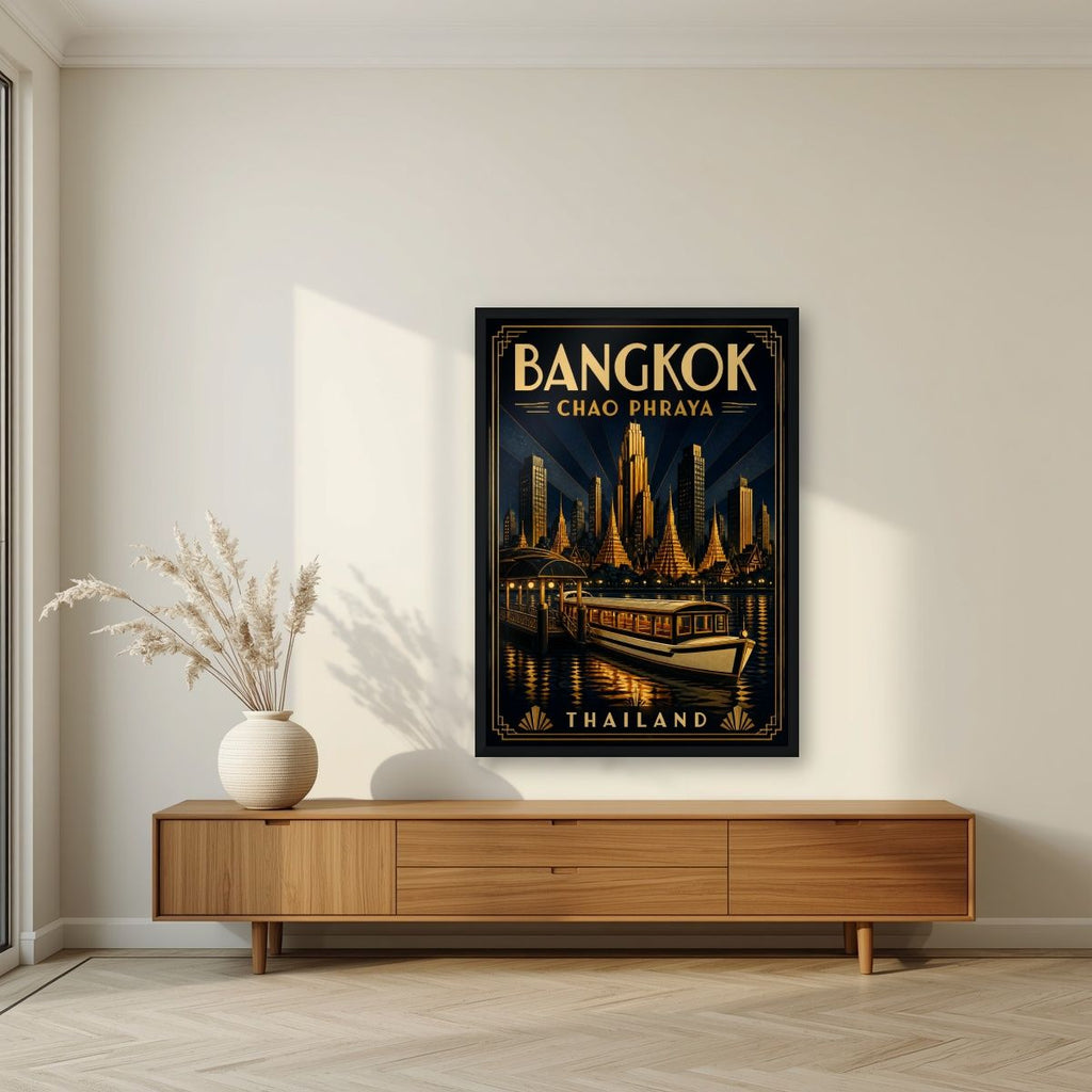 Chao Phraya by Night — Bangkok art print, in a black frame, styled in a living room