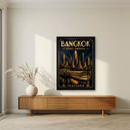 Chao Phraya by Night — Bangkok art print, in a black frame, styled in a living room