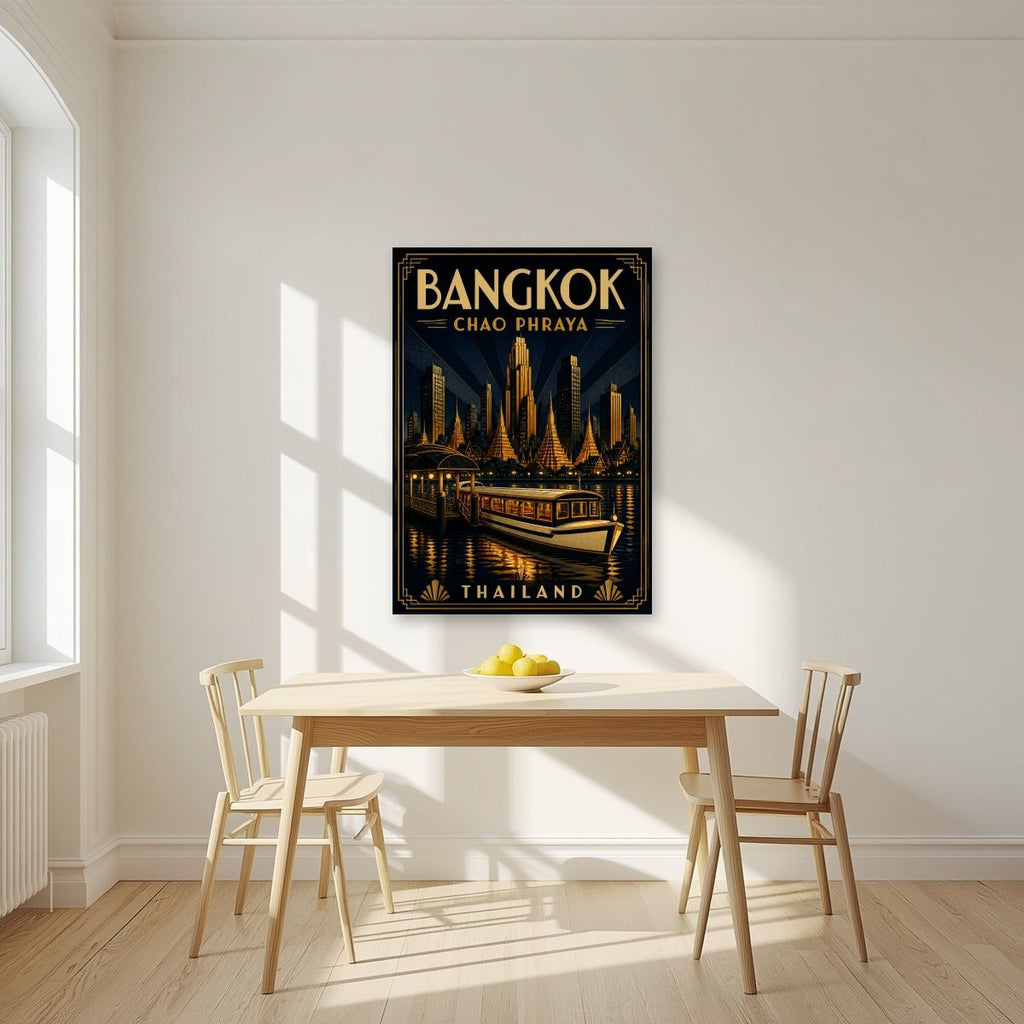 Chao Phraya by Night — Bangkok art print, unframed poster, styled in a kitchen