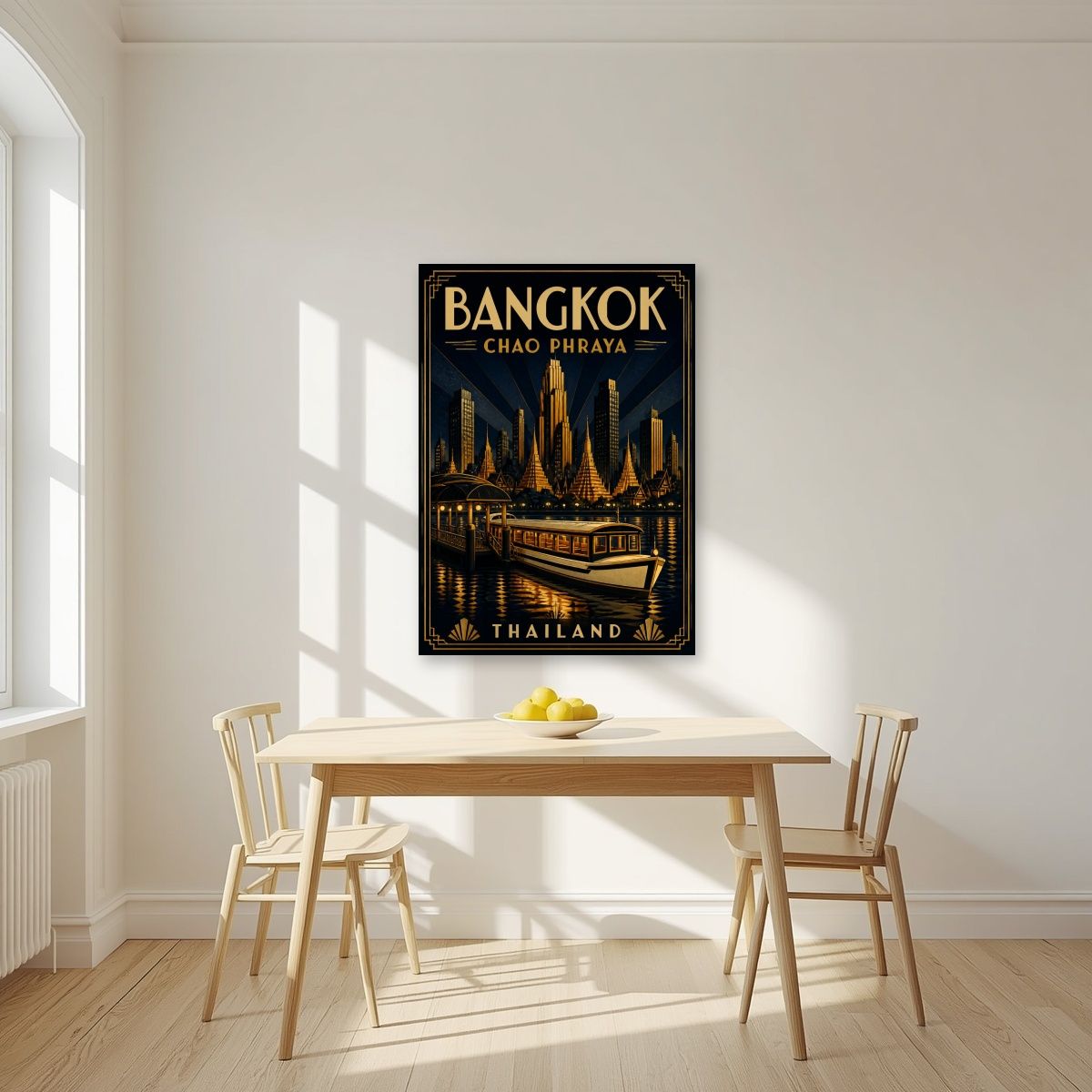 Chao Phraya by Night — Bangkok art print, unframed poster, styled in a kitchen