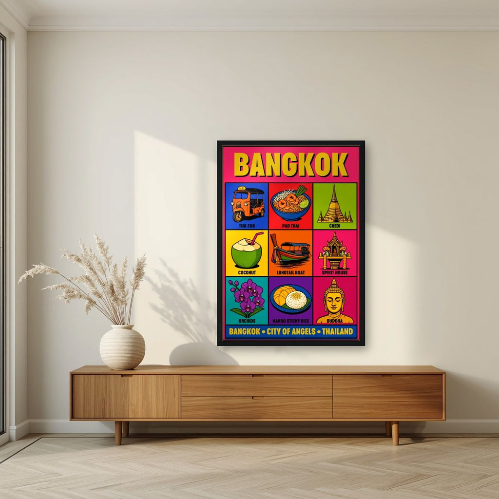 Krung Thep — Bangkok art print, in a black frame, styled in a living room