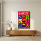 Krung Thep — Bangkok art print, in a black frame, styled in a living room