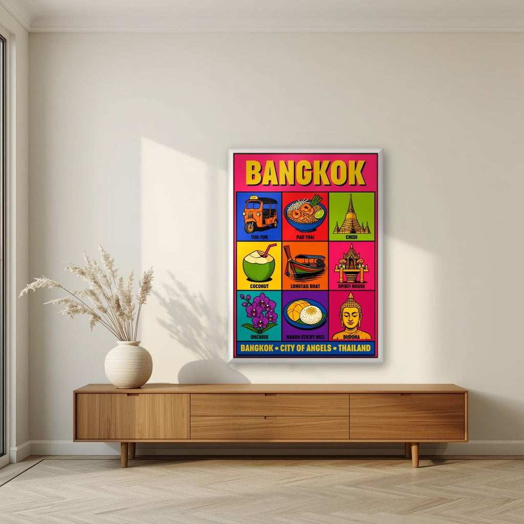 Krung Thep — Bangkok art print, in a white frame, styled in a living room