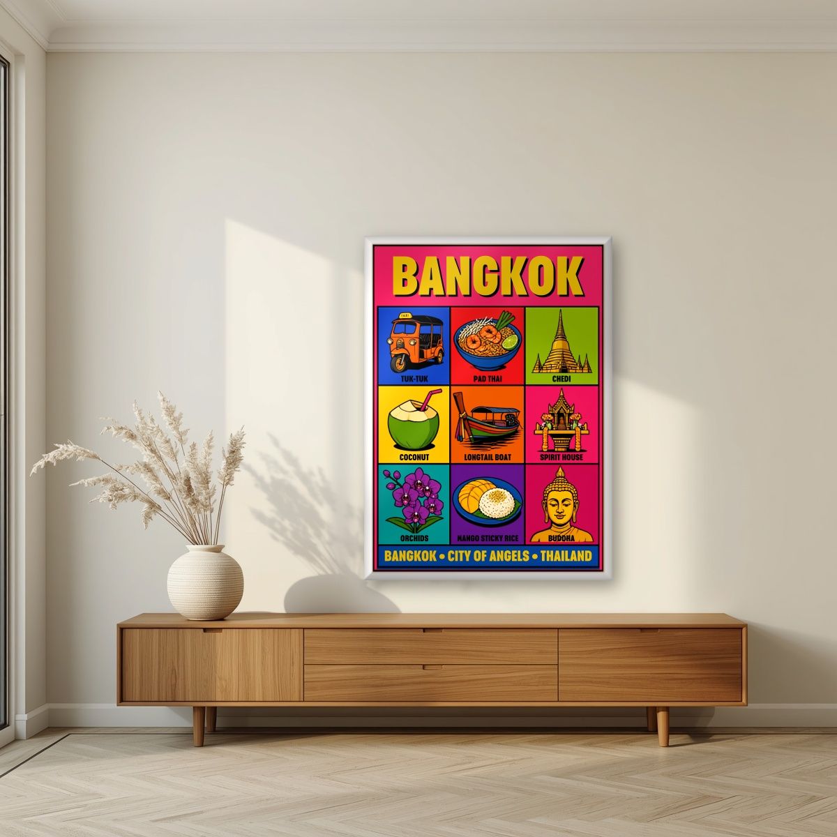 Krung Thep — Bangkok art print, in a white frame, styled in a living room