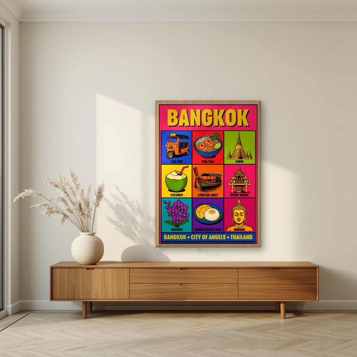 Krung Thep — Bangkok art print, in an oak frame, styled in a living room