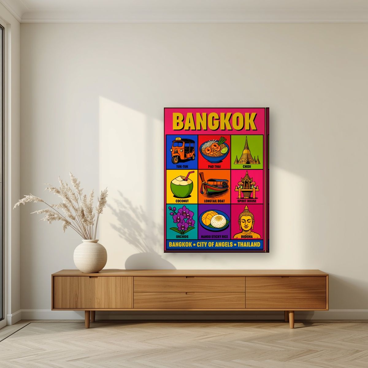 Krung Thep — Bangkok art print, on slim canvas, styled in a living room