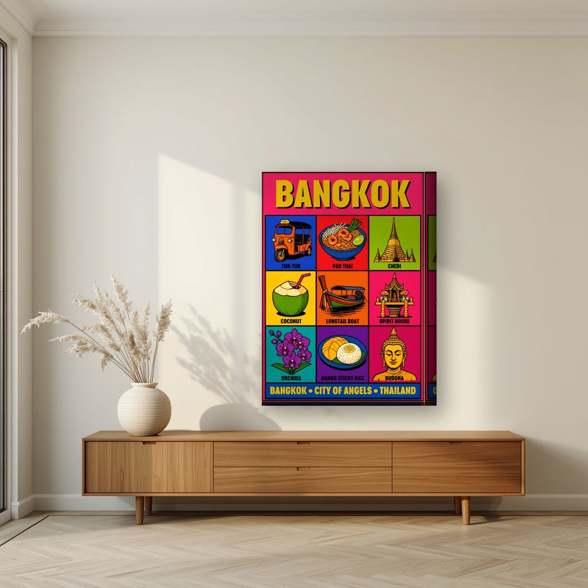 Krung Thep — Bangkok art print, on thick canvas, styled in a living room