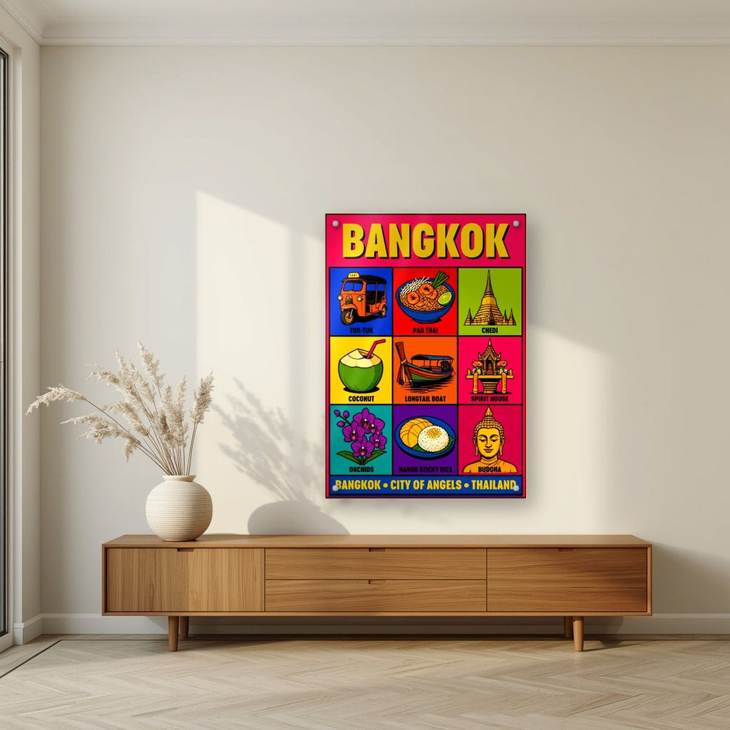 Krung Thep — Bangkok art print, as an acrylic print, styled in a living room