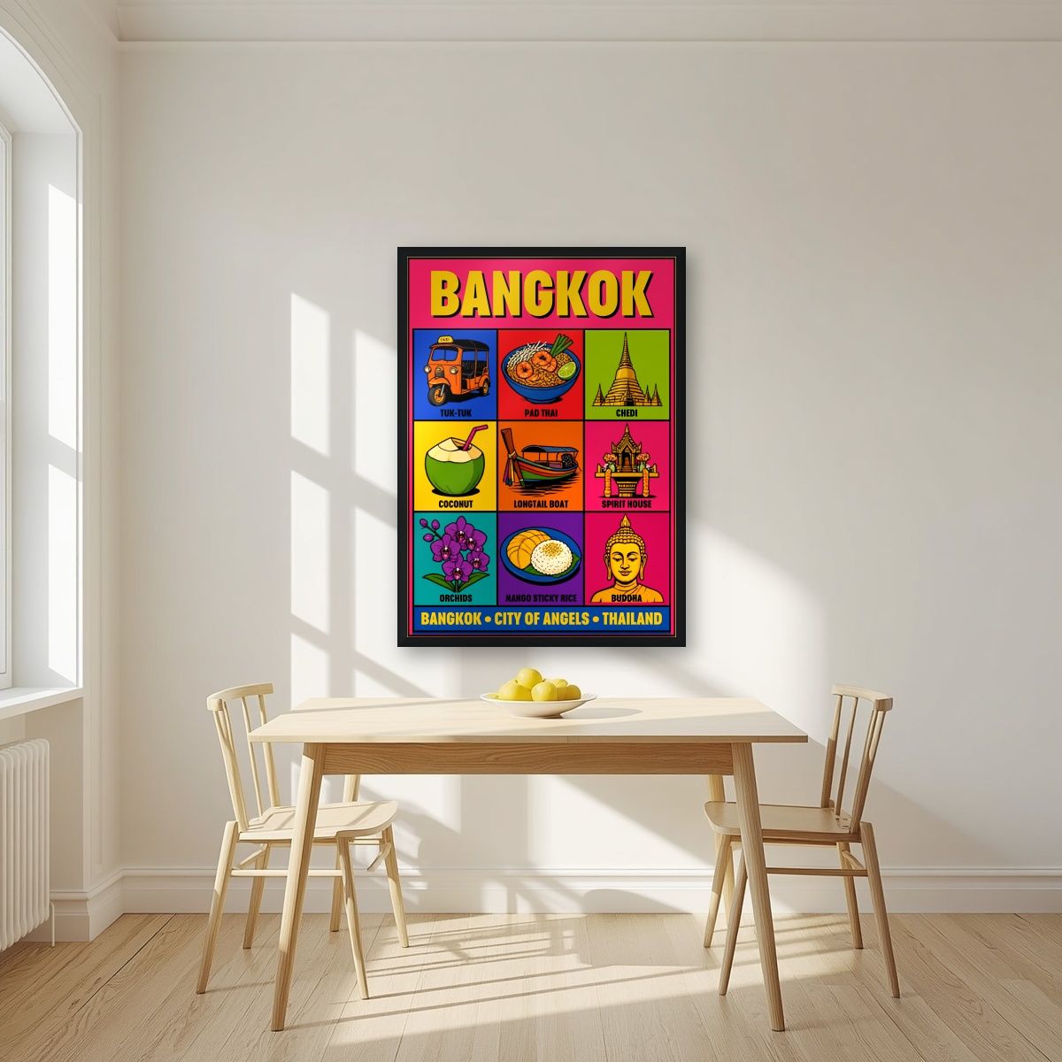 Krung Thep — Bangkok art print, in a black frame, styled in a kitchen