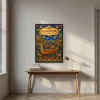 Royal Barge Procession — Bangkok art print, in a black frame, styled in a desk