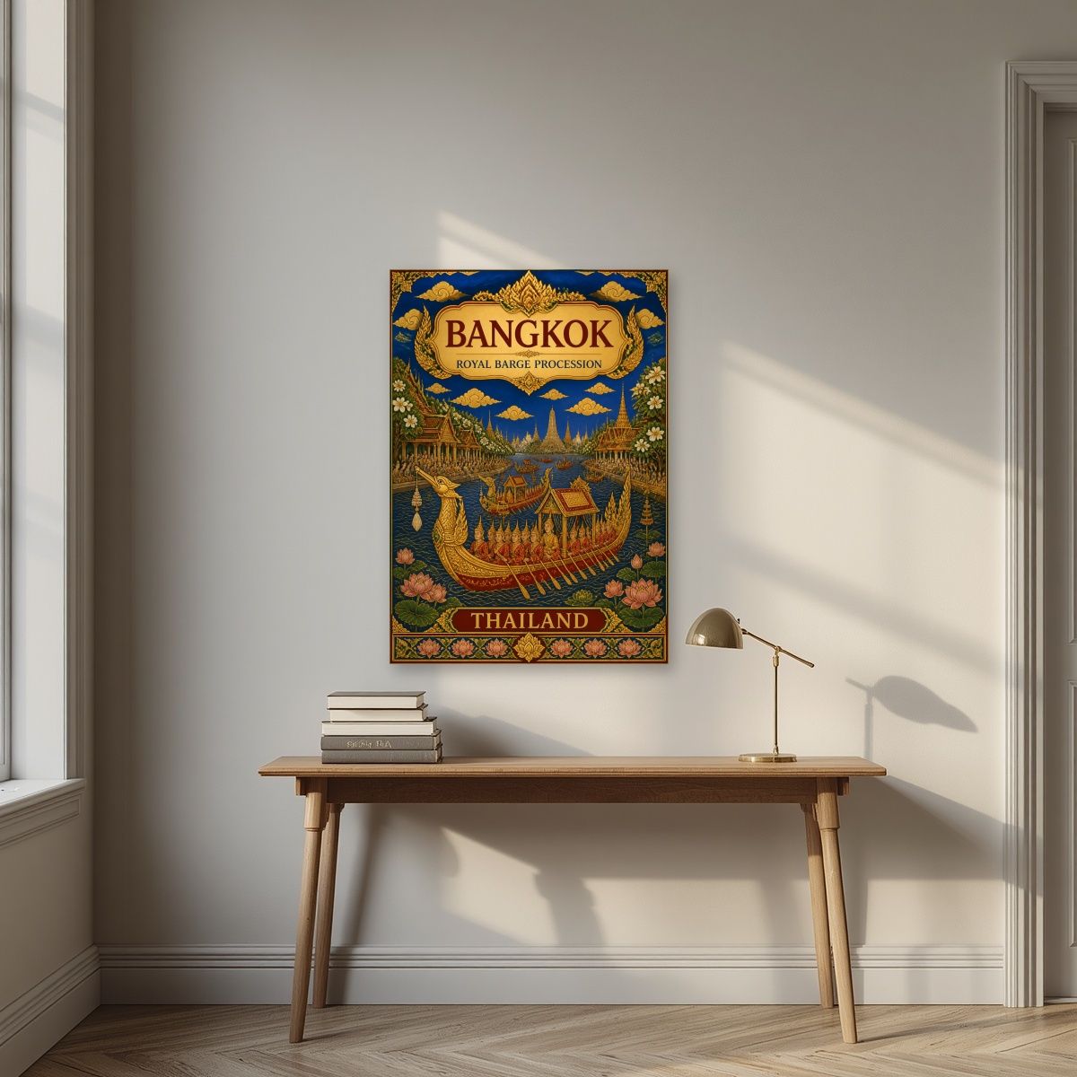 Royal Barge Procession — Bangkok art print, unframed poster, styled in a desk