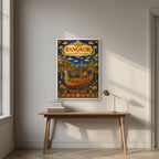 Royal Barge Procession — Bangkok art print, in a white frame, styled in a desk