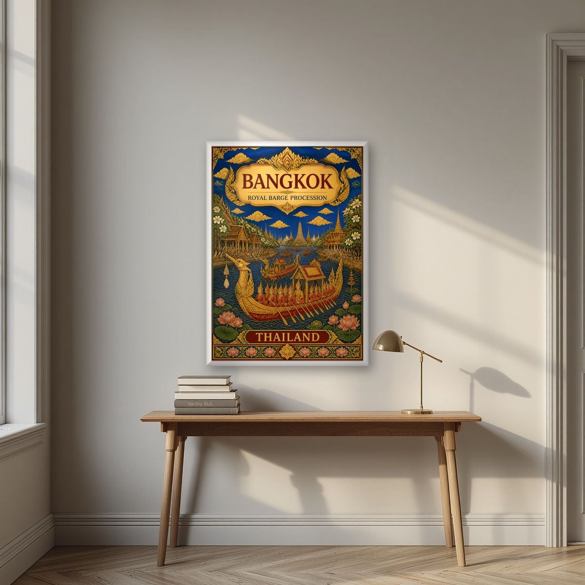 Royal Barge Procession — Bangkok art print, in a white frame, styled in a desk