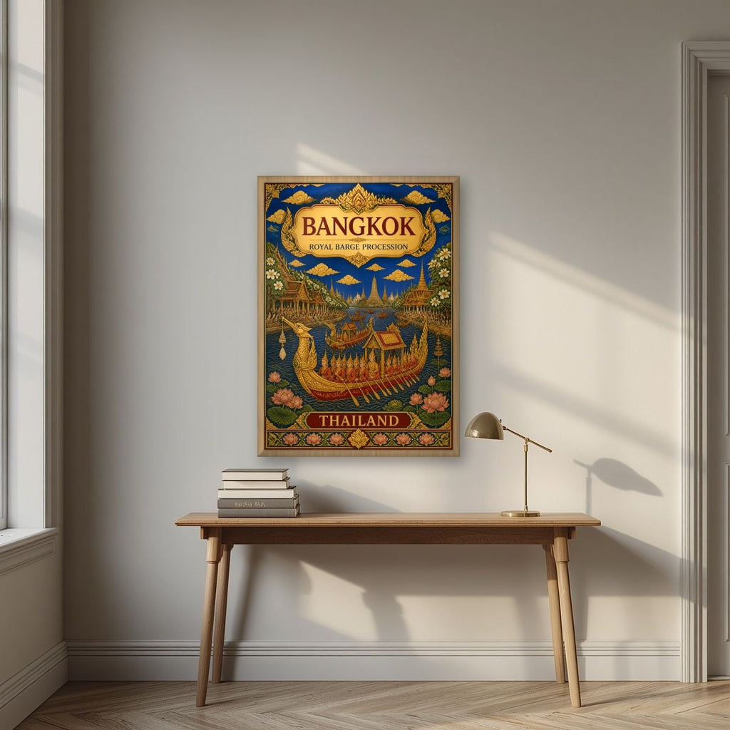 Royal Barge Procession — Bangkok art print, in an oak frame, styled in a desk