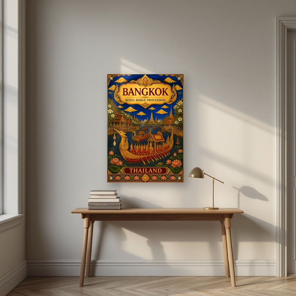 Royal Barge Procession — Bangkok art print, as an acrylic print, styled in a desk