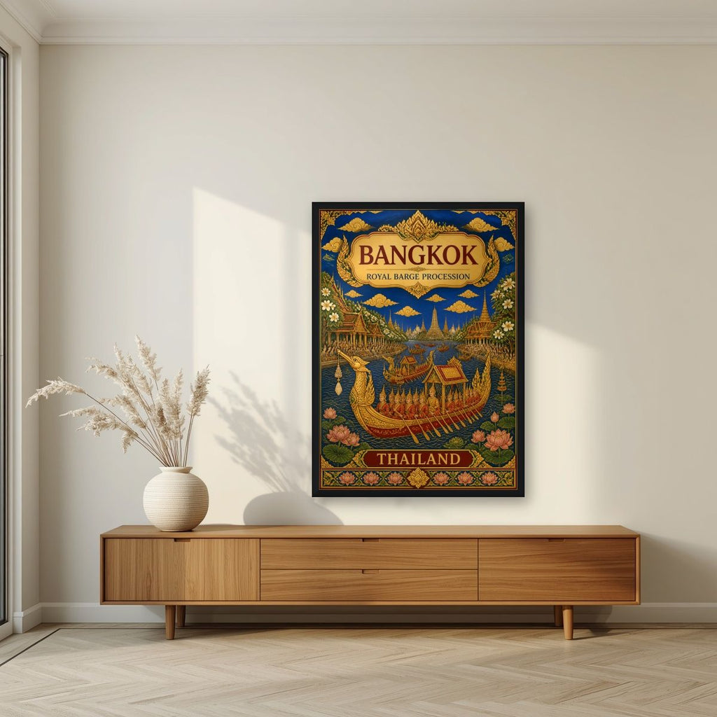 Royal Barge Procession — Bangkok art print, in a black frame, styled in a living room