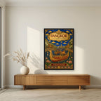 Royal Barge Procession — Bangkok art print, in a black frame, styled in a living room