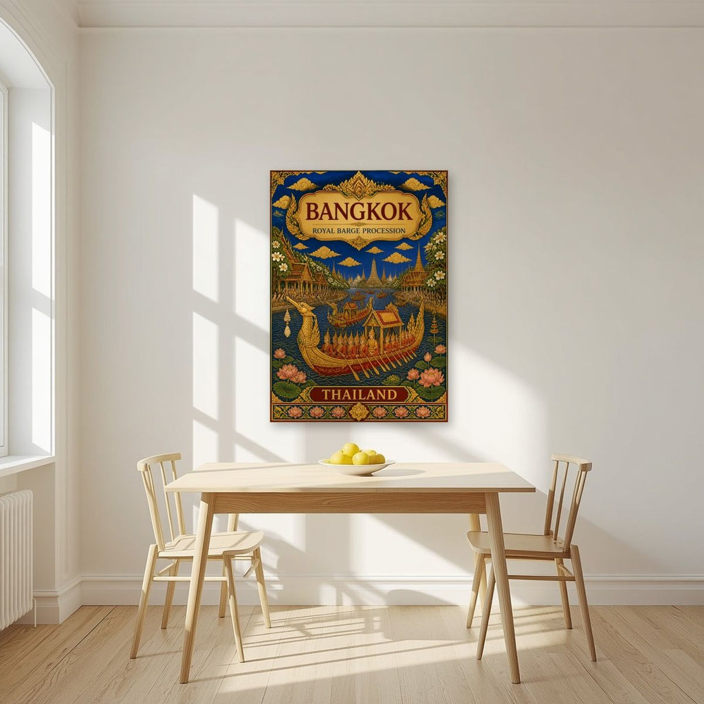 Royal Barge Procession — Bangkok art print, unframed poster, styled in a kitchen