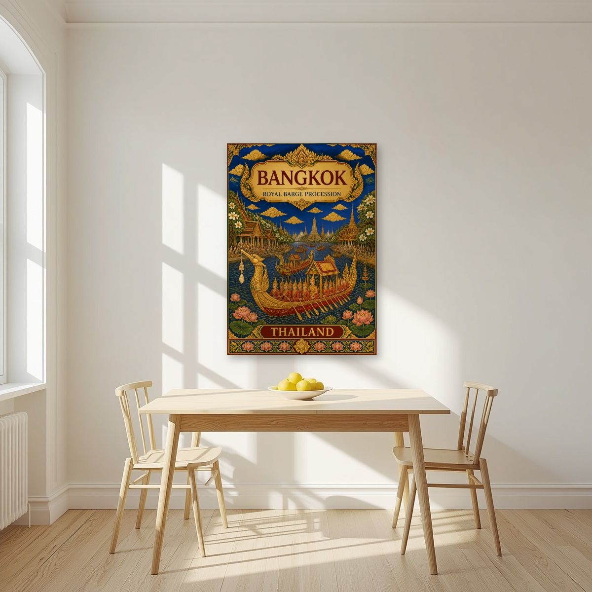 Royal Barge Procession — Bangkok art print, unframed poster, styled in a kitchen