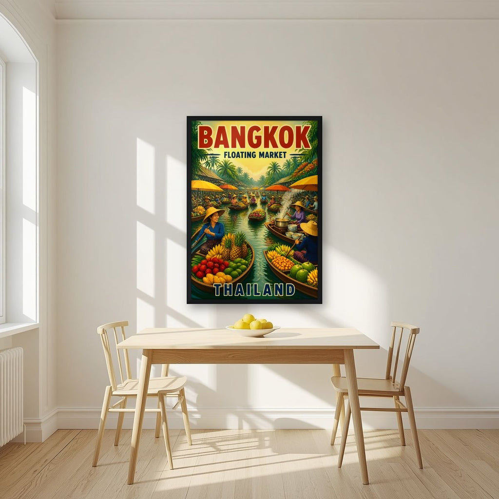 Talat Nam — Bangkok art print, in a black frame, styled in a kitchen